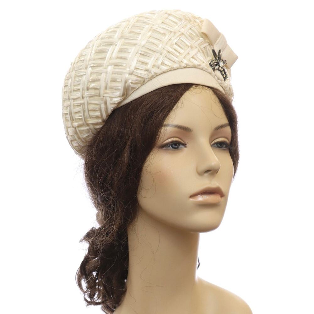 Vintage 1960s White Raffia Pillbox Hat Rhinestone Bow Union Label